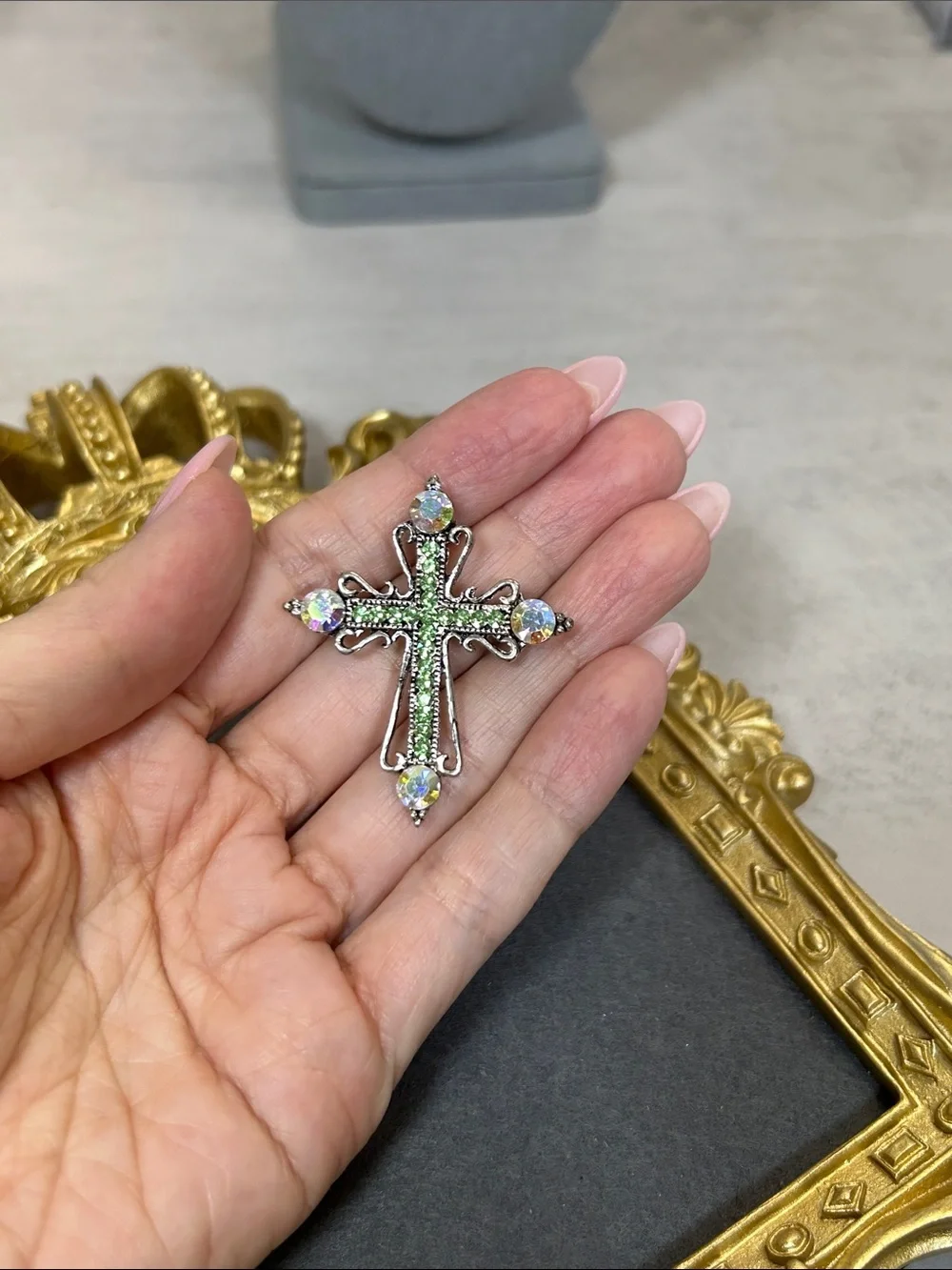 Green Crystal Cross Brooch - Women Jewelry Brooches